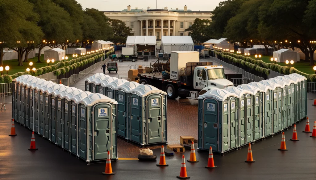Festival porta potty bank with barricades in Delavan, Wisconsin